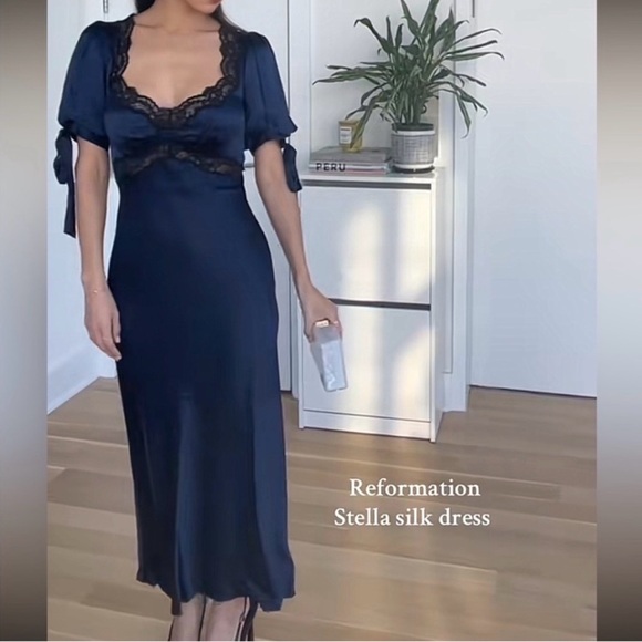 Reformation X Kacey Musgraves Stella Silk Dress in Navy - Picture 2 of 7
